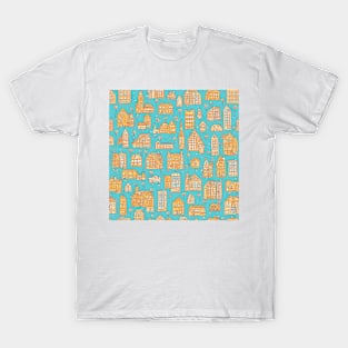 Cheerful Fantastic Whimsical Urban Townscape Pattern T-Shirt